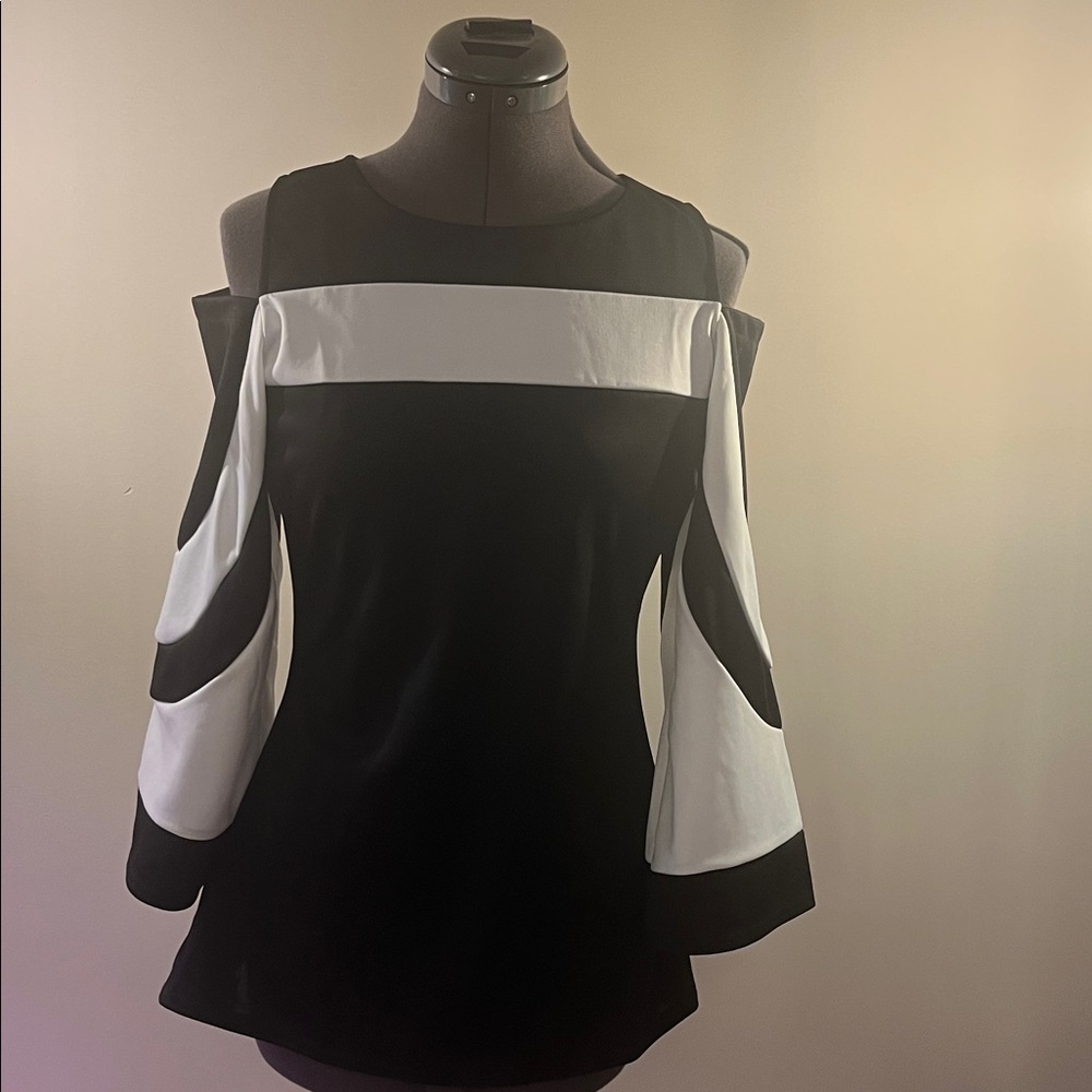 Elegant Black and White Cold Shoulder Blouse